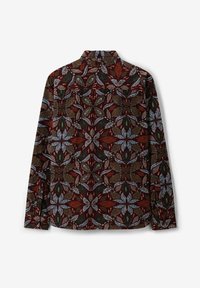 Long-sleeve shirt in dark brown with a multicolored floral pattern. Features a collar and button closure at the back. Smooth texture.