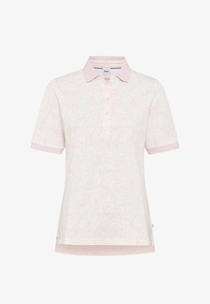 Kortærmet lyserød polo med subtilt bladmotiv, knapstolpe og matchende krave og ærmekanter.
