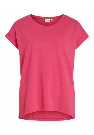 T-shirt rose vif à manches courtes avec poignets retroussés, encolure ronde et ourlet arrière légèrement plus long, présenté sur un fond blanc uni.