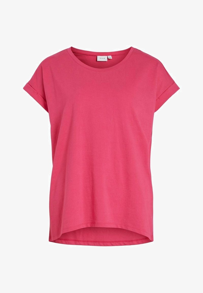T-shirt rose vif à manches courtes avec poignets retroussés, encolure ronde et ourlet arrière légèrement plus long, présenté sur un fond blanc uni.