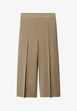 Pantalon beige à jambes larges avec une texture lisse, doté de plis à l'avant, d'une ceinture élastique et d'ourlets cousus. Design décontracté et polyvalent.