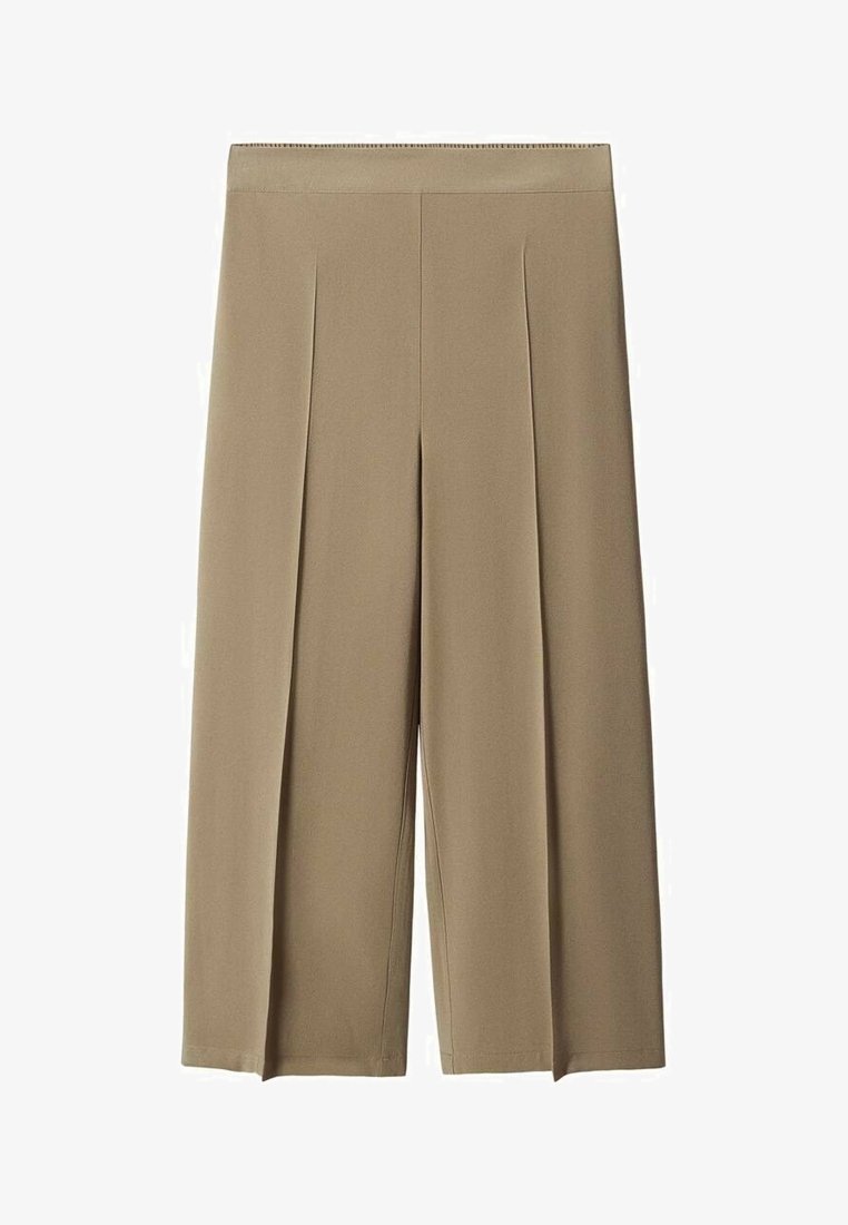 Pantalon beige à jambes larges avec une texture lisse, doté de plis à l'avant, d'une ceinture élastique et d'ourlets cousus. Design décontracté et polyvalent.