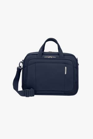 Marineblaue Laptoptasche mit strukturiertem Oberflächen, doppelten Obergriffen, abnehmbarem Schultergurt und einem mit Reißverschluss versehenen Hauptfach.
