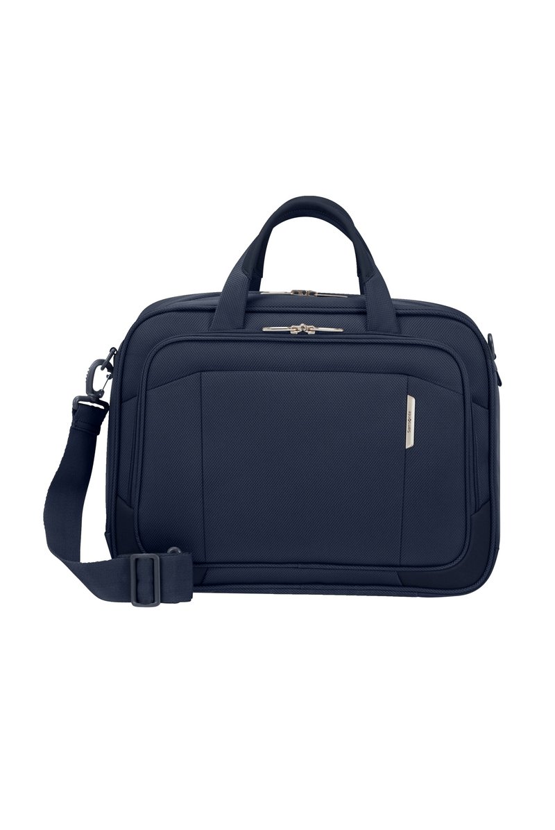 Marineblaue Laptoptasche mit strukturiertem Oberflächen, doppelten Obergriffen, abnehmbarem Schultergurt und einem mit Reißverschluss versehenen Hauptfach.