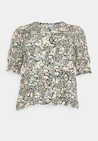 Blusa com estampa floral em preto, com mangas curtas bufantes. Apresenta um decote redondo e um tecido fluido e suave, realçado por flores em tons pastéis.