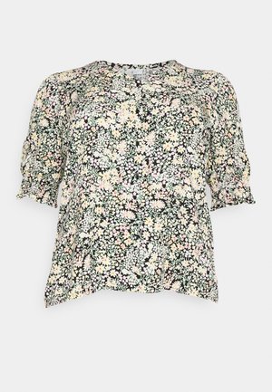 Blusa com estampa floral em preto, com mangas curtas bufantes. Apresenta um decote redondo e um tecido fluido e suave, realçado por flores em tons pastéis.