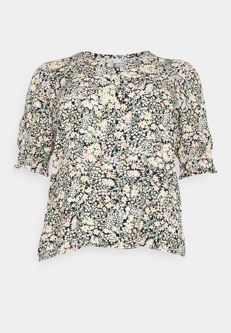 Blusa com estampa floral em preto, com mangas curtas bufantes. Apresenta um decote redondo e um tecido fluido e suave, realçado por flores em tons pastéis.