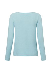 Hellblauer Strickpullover mit langen Ärmeln, rundem Ausschnitt und strukturiertem Stoff. Die Rückseite hat ein klares, einfaches Design.