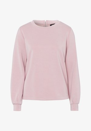 Haut à manches longues rose clair avec col rond, poignets côtelés et fermeture éclair apparente dans le dos.