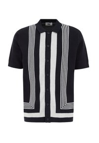 Short-sleeve cardigan in navy and white knit, featuring bold striped patterns, button front, and a classic collar design.