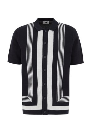 Short-sleeve cardigan in navy and white knit, featuring bold striped patterns, button front, and a classic collar design.