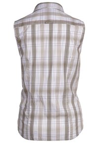 Camicia a maniche corte a quadri in beige e bianco, con colletto, motivo a quadri e taglio dritto nella parte inferiore.