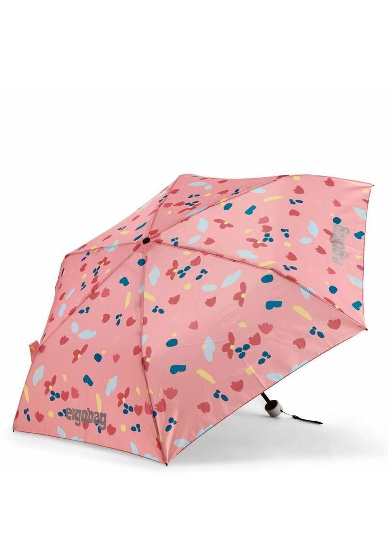 Pink umbrella with a floral pattern, featuring red, blue, yellow, and light blue accents. Includes a brown handle and a compact design.