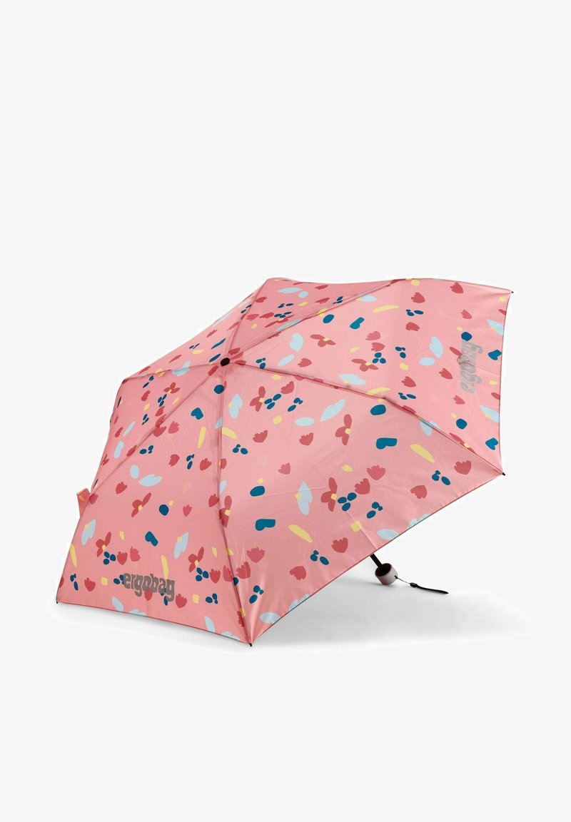 Pink umbrella with a floral pattern, featuring red, blue, yellow, and light blue accents. Includes a brown handle and a compact design.