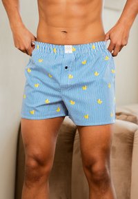 Modré pruhované trenýrky s potiskem žlutých kachniček, elastickým pasem a knoflíkovým detailem vpředu. Bavlněný materiál s měkkou texturou.