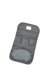 Organizzatore da viaggio in tessuto grigio con bordo bordeaux, dotato di due tasche con zip, anelli elastici e una tasca in rete per una migliore visibilità.
