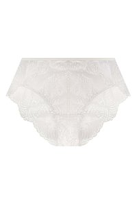 Weiße Spitzenunterwäsche mit aufwendigen Blumenmustern, gewellten Kanten und einer glatten, hauchdünnen Textur. Der Bund ist schlicht.
