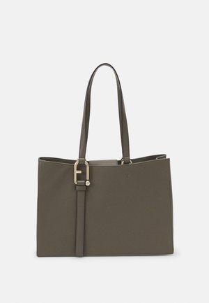 Dark green handbag with a structured shape, two long handles, and a gold buckle detail. Smooth texture with minimal branding.