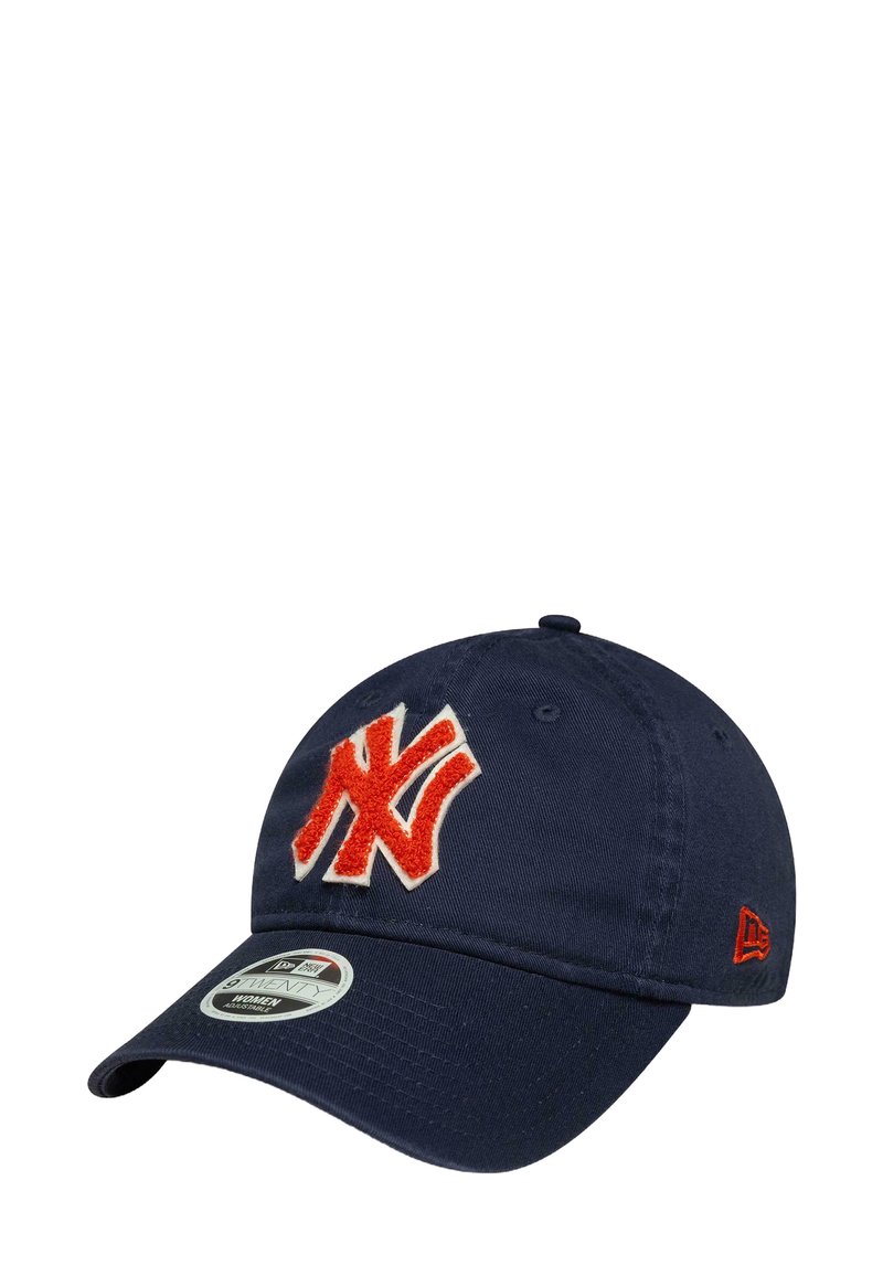 Navy blue cotton cap with a curved brim, featuring a large red and white embroidered logo on the front, and a small red accent on the side.