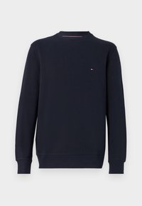 Navy blue sweatshirt made of cotton, featuring a crew neck, long sleeves, and a small embroidered logo on the chest. Smooth texture.