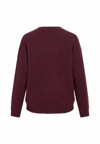 Dunkelburgunderfarbener Strickpullover von hinten gezeigt, mit langen Ärmeln und Rundhalsausschnitt.