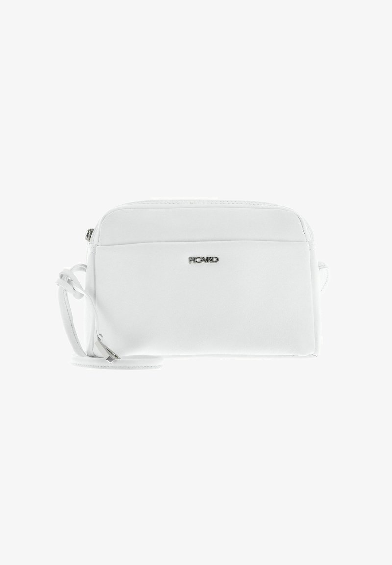 Borsa a tracolla bianca realizzata in materiale sintetico morbido. Caratterizzata da una tasca frontale, chiusura con zip e un accento con logo argentato. Manico regolabile.