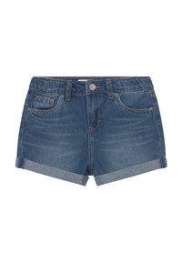 Jeansshorts i mörkblått med en klassisk passform, med uppvikta fållar, fem fickor och metallknapp som detaljer. Slät yta, utan mönster.