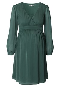 Dark green, long-sleeve maternity dress with a V-neck, gathered waist, and flowing skirt. Made of lightweight, textured fabric.