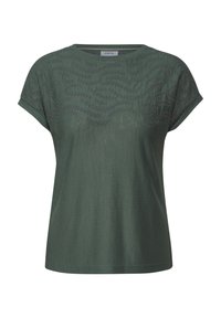 T-shirt à manches courtes vert foncé en tissu doux, avec un motif texturé en vagues dans une teinte plus foncée sur le devant.