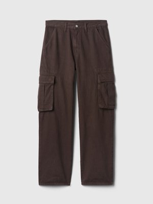 Braune Cargo-Hosen aus strapazierfähiger Baumwolle. Verfügt über mehrere Utility-Taschen, Gürtelschlaufen und einen geraden Schnitt. Glatte Textur, klassisches Design.