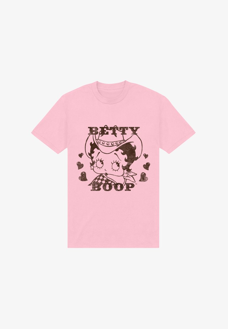 Camiseta de algodón rosa con un personaje de dibujos animados y el texto impreso en negro "BETTY BOOP", adornada con corazones, que muestra un diseño envejecido.