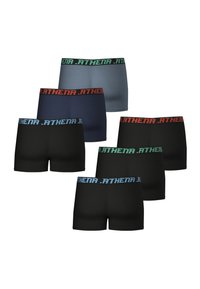 Six paires de caleçons boxers de différentes couleurs : noir, marine et gris, avec des ceintures élastiques ornées de labels textuels contrastants.