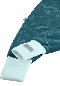 Türkisfarbene Sweatshirt mit weißen Dinosaurier Prints, hellblauen Bündchen und einem Etikett. Weicher Stoff mit glatter Textur.