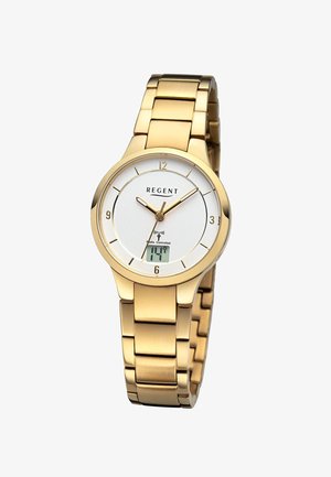 Montre-bracelet en métal doré avec cadran blanc, aiguilles analogiques, affichage numérique de la date et marque Regent, dotée d'un bracelet à maillons.