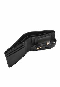 Black leather wallet with multiple card slots, a clear ID window, and a textured accent. Features gold-tone hardware and a stitched edge.