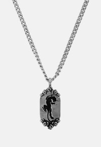 Colar de prata com uma corrente texturizada e um pingente retangular apresentando um design intricado de um contorno de lagarto rodeado por acentos ornamentados.