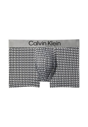 Herren-Boxershorts von Calvin Klein mit schwarz-weißem geometrischem Muster und grauem Bund, auf dem der Markenname zu sehen ist.