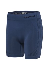 Donkerblauwe naadloze sportshorts met geprinte ventilatiepanelen en een klein "hummel"-logo op de tailleband.