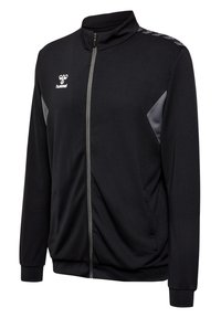 Schwarze Sportjacke mit hohem Kragen, strukturiertem Stoff, silbernem Reißverschluss und kontrastierenden grauen Einsätzen an den Schultern. Mit markiertem Logo.