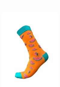 Orange sokker med lyserøde vandmelonskiver med sorte kerner, fremhævet med en turkis manchet og tå, lavet af blødt stof.