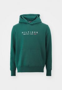 Zielona bluza z kapturem wykonana z mieszanki bawełny, z kieszenią z przodu, kapturem ze sznurkiem oraz logo "HILFIGER NEW YORK" w kolorze białym, czerwonym i niebieskim.