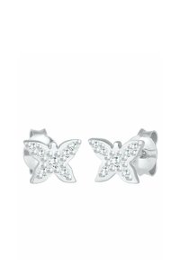 Pendientes de mariposa de plata que presentan piedras claras brillantes en un diseño detallado, con un acabado pulido y un cierre trasero seguro.