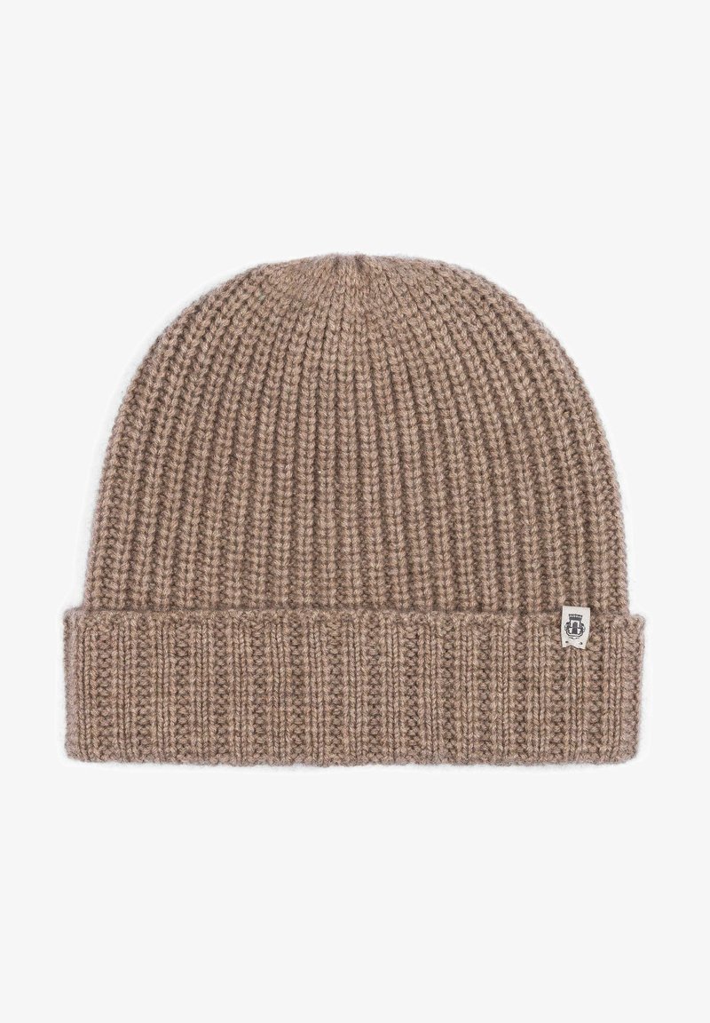 Knitted beanie in a light brown hue, featuring a ribbed texture and a turned-up cuff with a small logo tag on the side.