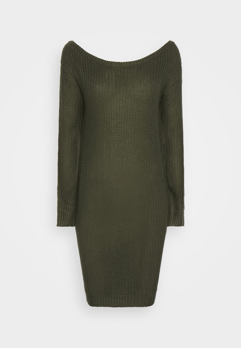 Robe pull en maille vert olive foncé à manches longues avec un large col rond dégagé et des poignets et un ourlet côtelés.
