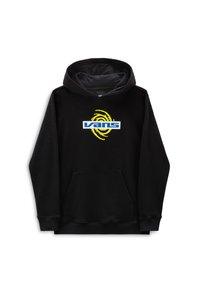 Sudadera negra con un bolsillo tipo canguro en la parte frontal, con un logo azul de "Vans" y un gráfico amarillento en espiral en el pecho. Textura de tela suave.