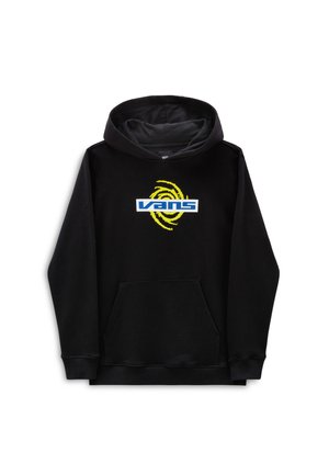 Sudadera negra con un bolsillo tipo canguro en la parte frontal, con un logo azul de "Vans" y un gráfico amarillento en espiral en el pecho. Textura de tela suave.
