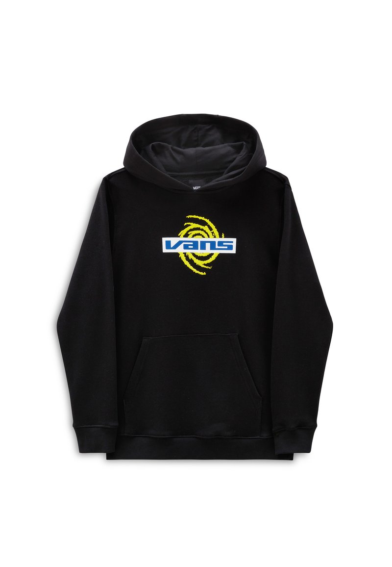 Sudadera negra con un bolsillo tipo canguro en la parte frontal, con un logo azul de "Vans" y un gráfico amarillento en espiral en el pecho. Textura de tela suave.