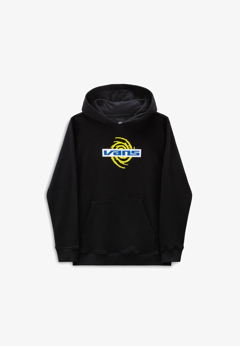 Sudadera negra con un bolsillo tipo canguro en la parte frontal, con un logo azul de "Vans" y un gráfico amarillento en espiral en el pecho. Textura de tela suave.