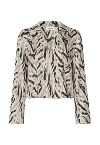 Blouse courte à boutons en tissu doux, ornée d'un imprimé animal abstrait noir et beige, avec des manches longues et un col classique.