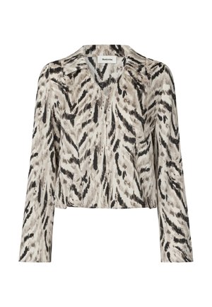 Kuttet bluse i myk stoff med svart og beige abstrakt dyremønster, med lange ermer og klassisk krage.